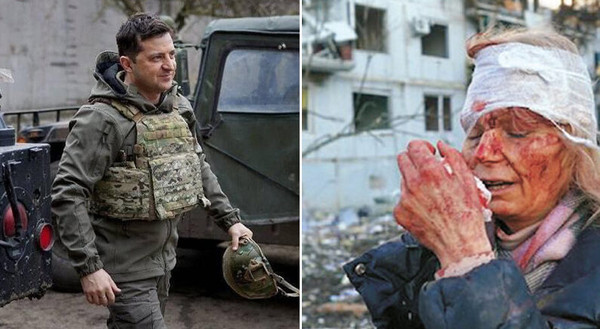 볼로디미르 젤렌스키 우크라이나 대통령(왼쪽)과 24일 러시아군의 폭격을 맞은 우크라이나 동부 도시 추위브의 한 아파트 앞에서 머리를 붕대로 감싼 여성(오른쪽). 사진=트위터 캡처