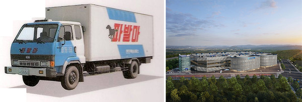 ▲ 한진택배 사업초기 택배차량 이미지(왼쪽)과 대전 스마트 메가 허브 터미널